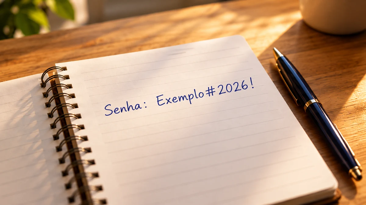 Caderno com uma senha fictícia escrita em português: Senha: Exemplo#2026!